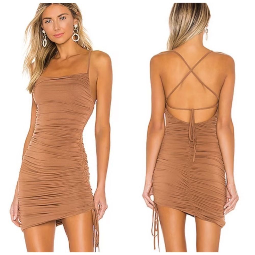 MAJORELLE Janice Ruched Mini Dress in Brown Spice | Size Medium